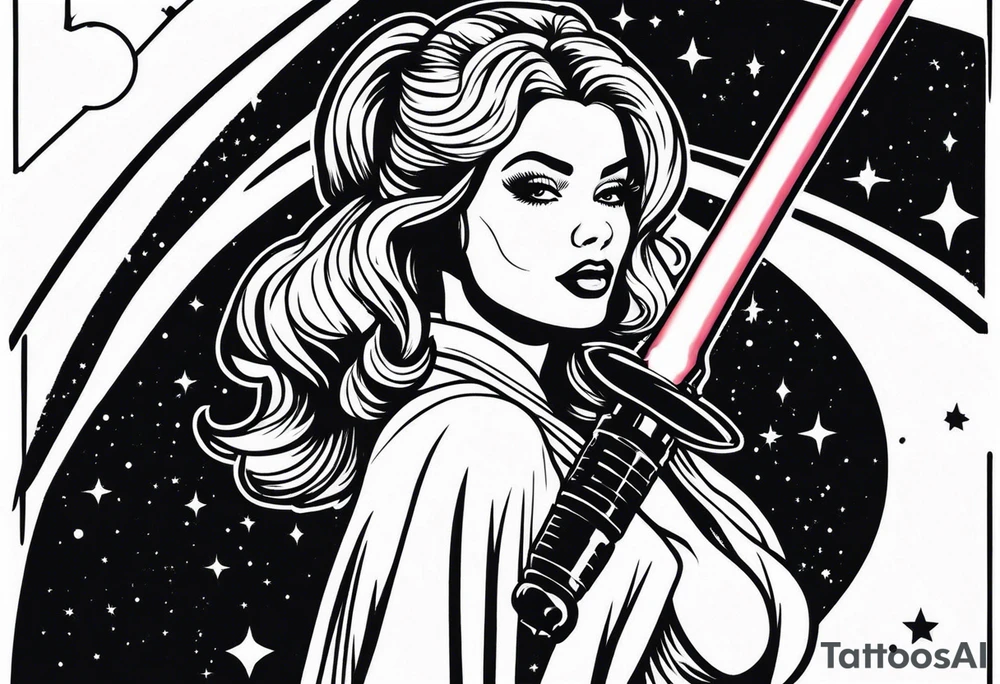 Pinup woman holding light saber in space tattoo idea