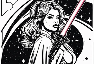 Pinup woman holding light saber in space tattoo idea