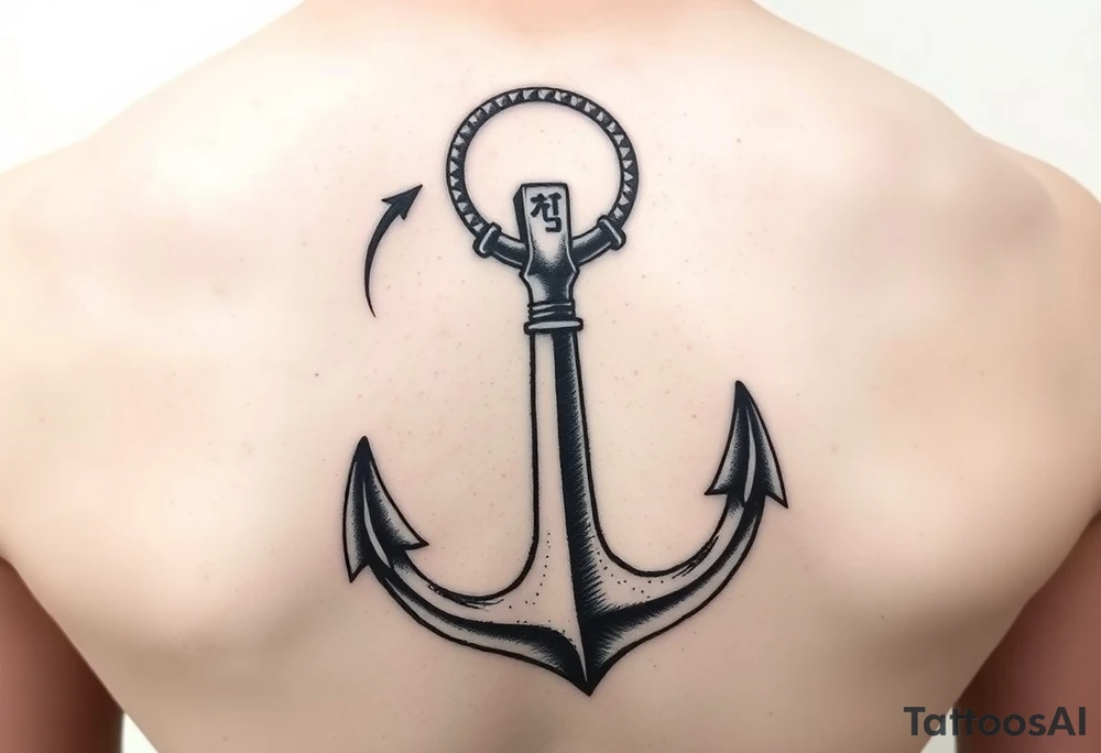 Anchor with the Korean word 정 connecting to the circle at the top of the anchor tattoo idea