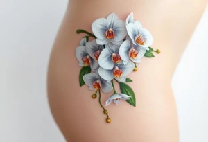 A cluster of white orchids cascading down a shoulder, surrounded by soft green leaves and golden accents. tattoo idea