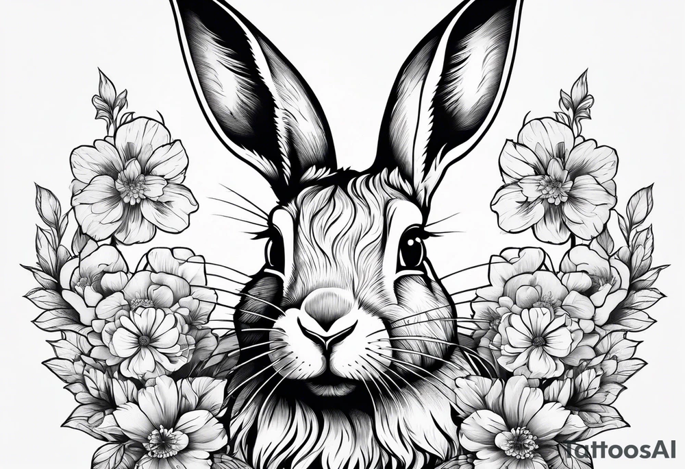 Rabbit head and flowers tattoo idea