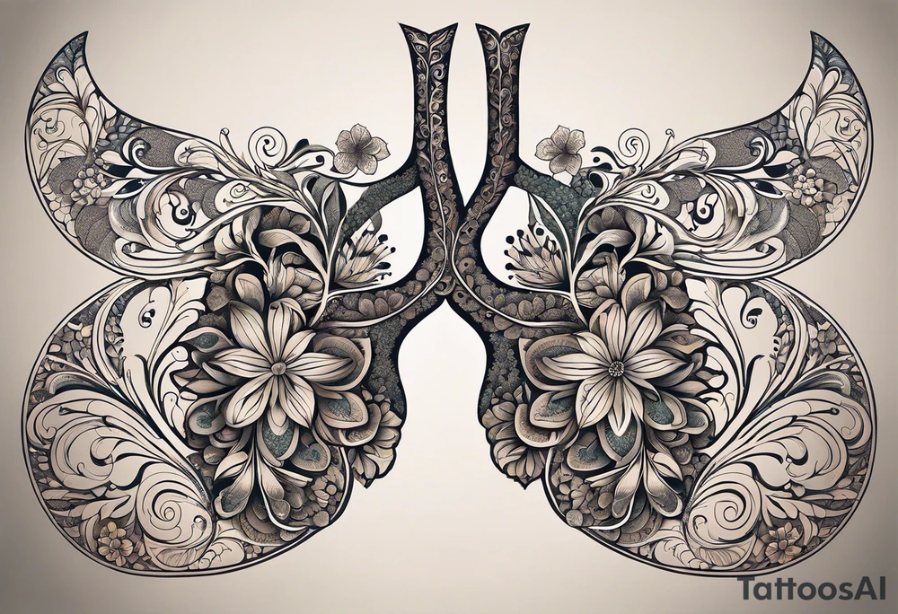 intricate and artistic arrangement of flowers and ornamental patterns that come together to form the shape of human lungs. The design should have a balance of delicacy and detail, with vibrant floral elements seamlessly intertwining to mimic the structure of the lungs, including the bronchi branching into floral motifs. Incorporate subtle shading and depth to give the tattoo a dynamic and organic feel, while maintaining elegance and symmetry, embraced by an octopus and butterflies flying around tattoo idea