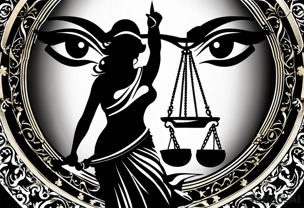 Lady Justice, 
Blindfold: Symbolizes impartiality, indicating that justice should be administered without bias, regardless of identity, wealth, power, or status.
Scales: Represent the weighing of evidence and arguments, ensuring a balanced and fair verdict.
Sword: Signifies the enforcement of justice and the authority to make decisions that can have powerful consequences.
In this depiction, Lady Justice is shown with black hair, which is a unique artistic choice compared to the more traditional representations. The scales, blindfold, and sword are all present, adhering to the classic iconography but with a modern and colorful twist. blue roses frames, background blue,present it in a tattoo tattoo idea