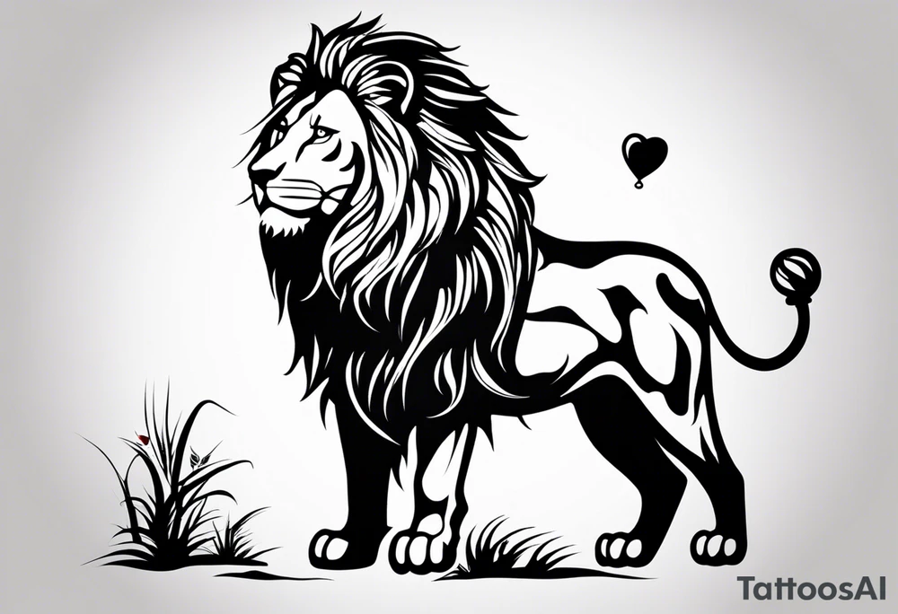 tattoo design should be in the layout of the famouse picture"small princ"  where it should remind me that I survived,and my life was saved by my husband, and he should be represented in the tattoo as a young lion holding a  balloon which is red and in Hearth shape. The whole body of lion should be visible and more abstract not so realistic.The lion is holding the string of the baloon in the muzzle. The string from the balloon should have a heartbeat pulse.The baloon should be red colored, and the rest of the image should be black only. tattoo idea