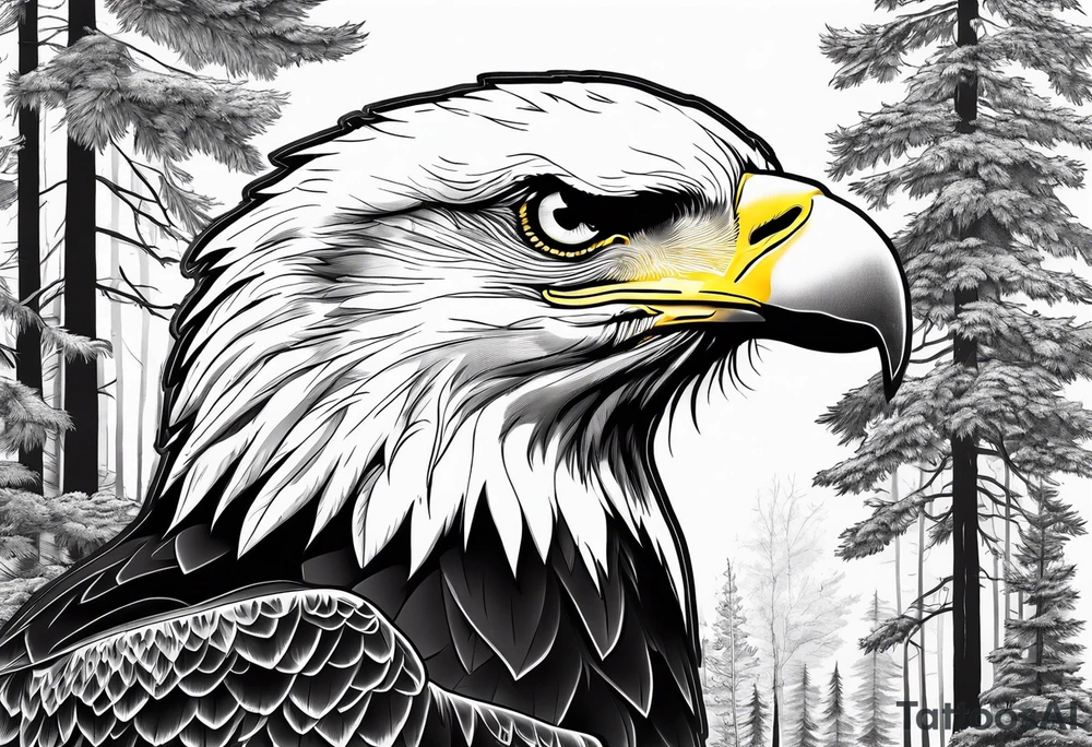 Bald eagle head with forest scenery and compass tattoo idea Bald eagle head with forest scenery and compass tattoo idea