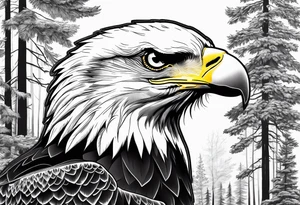 Bald eagle head with forest scenery and compass tattoo idea