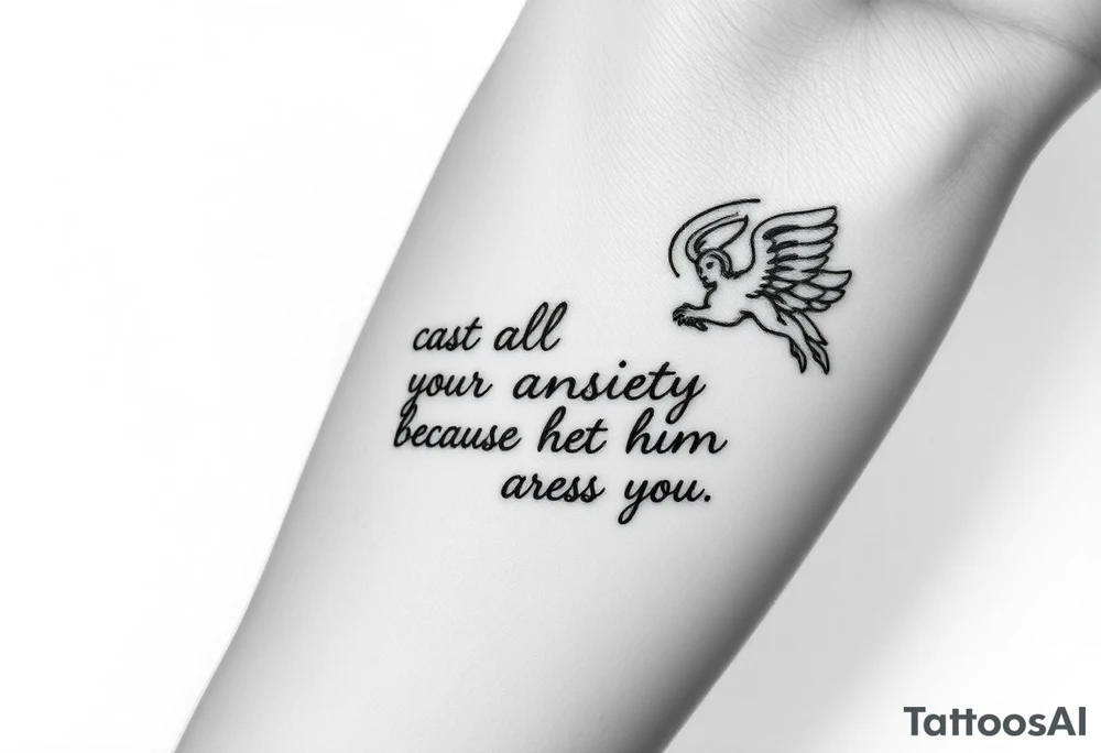 cast all your anxiety on him because he cares for you" with angels tattoo idea