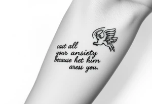 cast all your anxiety on him because he cares for you" with angels tattoo idea