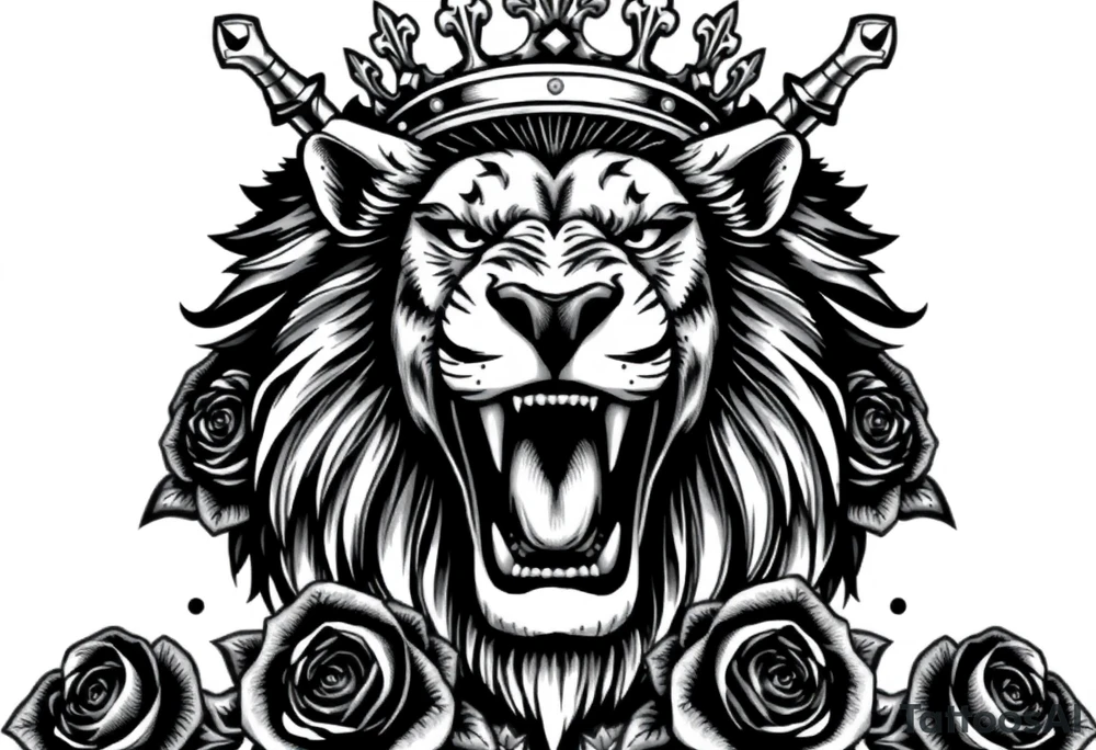 Fierce lion roaring, regal crown tilted, crossed swords framing its mane, dark roses. tattoo idea