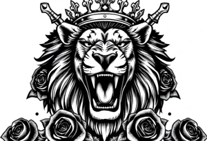 Fierce lion roaring, regal crown tilted, crossed swords framing its mane, dark roses. tattoo idea
