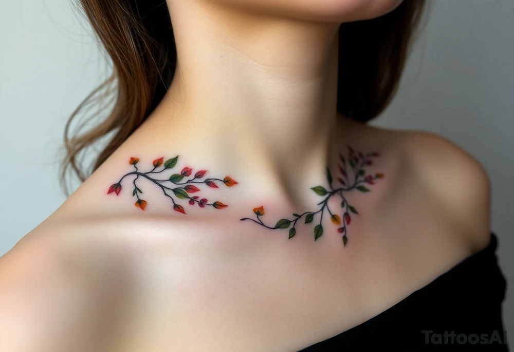 Two separate collarbone tattoos of long, stems and branches covered with red, orange, yellow and dark forest green leaves and flowers, academia, witchy, muted, delicate and gentle but moody, long and thin, following the collarbone. More muted, not so bright, darker colors. Fewer amount of leaves, larger leaves. Less flowers and leaves. tattoo idea