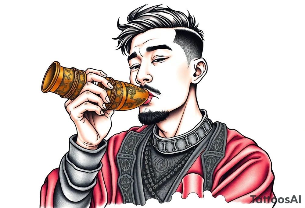 Handsome Asian young guy is drinking from medieval feast cup tattoo idea