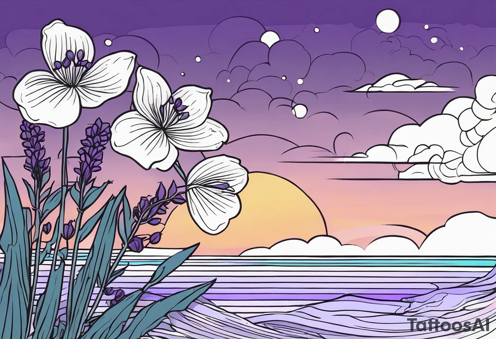 lavender flowers, ocean and sky in the background. tattoo idea