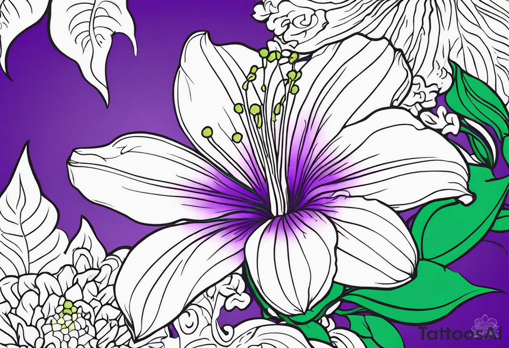 An outline of a rio dipladenia flower with a splatter green and purple background tattoo idea