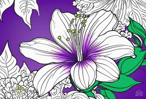 An outline of a rio dipladenia flower with a splatter green and purple background tattoo idea