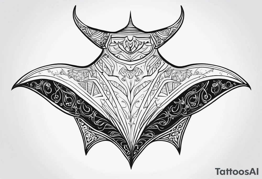 Tattoo sketch of manta ray in contour, without shadows and background, made of sacred ornament, minimalistic design, without thick lines and dark spots, while maintaining the shape of Manta Ray tattoo idea