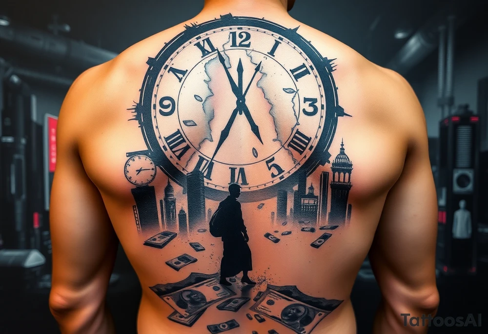 epic futuristic full back tattoo, cyberpunk storytelling design, giant cracked clock above symbolizing lost time, sand turning into digital particles, lonely man standing in a neon futuristic city, fading silhouette of a woman walking away representing lost love, falling money dissolving into dust symbolizing lost fortune, emotional and dramatic atmosphere, black and grey tattoo with subtle neon accents, ultra detailed, full back tattoo composition, tattoo stencil style tattoo idea