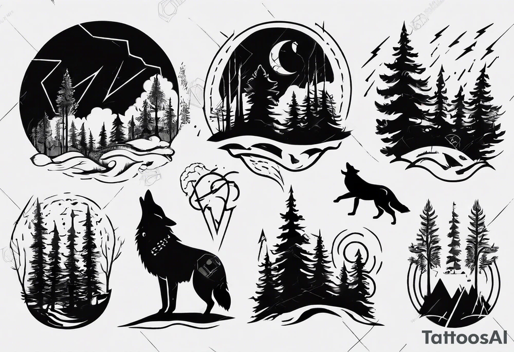 thunderstorm over a forest with a wolf howling on drums tattoo idea