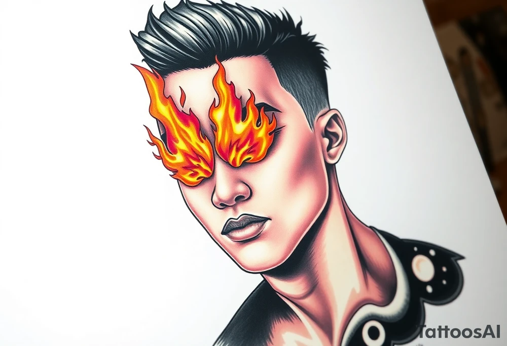 Handsome Asian young guy with flame instead of eyes tattoo idea