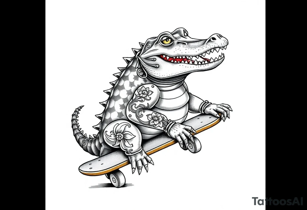 crocodile riding a skateboard with piercings and tattoos tattoo idea