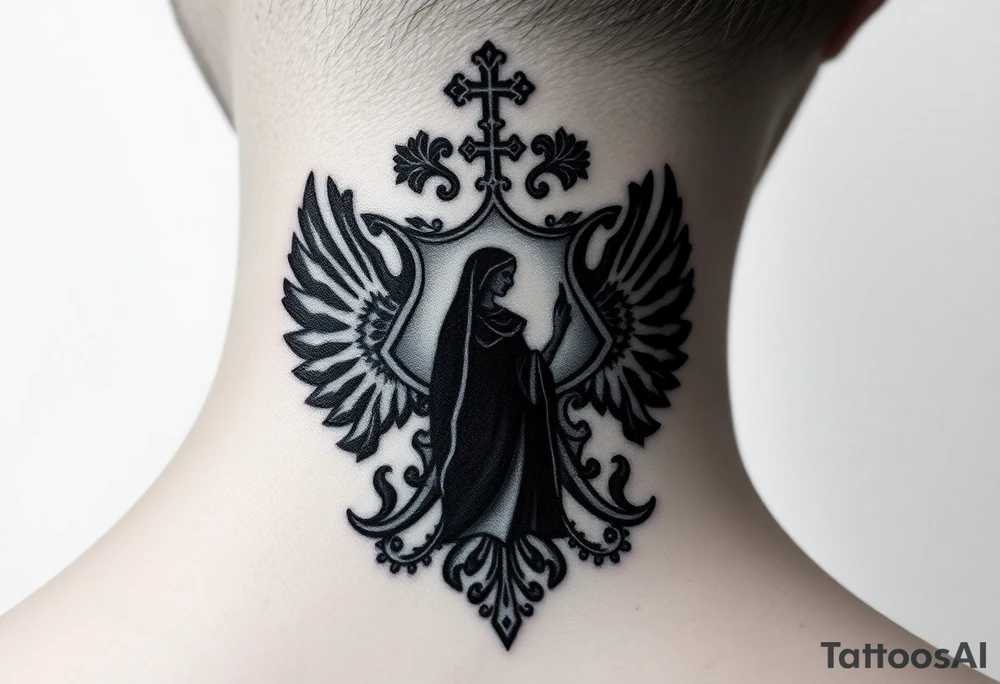 Traditional authentic Russian coat of arms with a Christian orthodox virgin marry in the middle and silhouette in a Russian wilderness Christian orthodoxy dome church village setting on the side of my neck tattoo idea