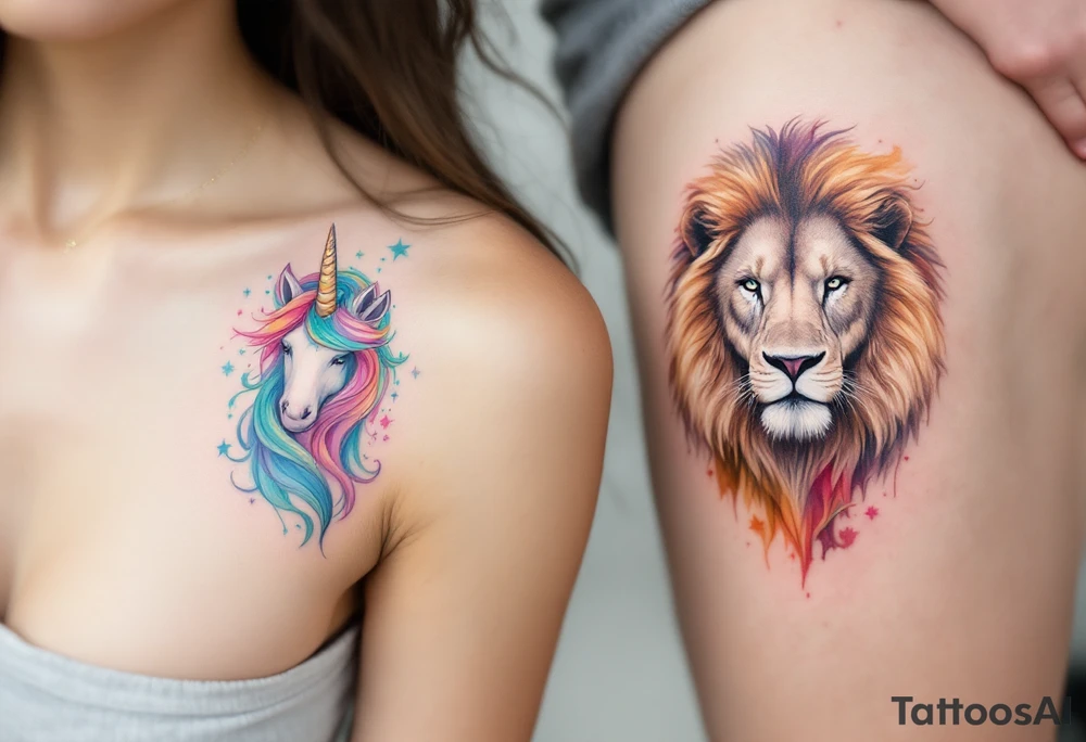 A unicorn for her in soft pastels and a majestic lion for him in grayscale ink on the upper thighs represent fantasy and strength united. tattoo idea