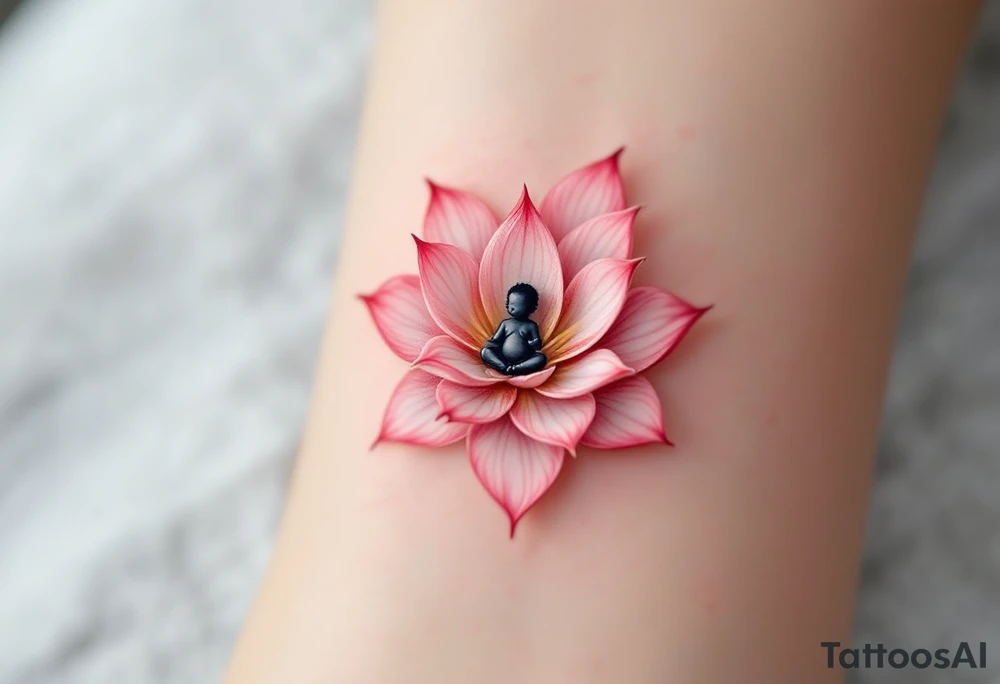 A pink lotus flower with a tiny black infant figure in the center honors a mother’s spiritual and emotional support. tattoo idea