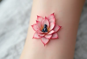 A pink lotus flower with a tiny black infant figure in the center honors a mother’s spiritual and emotional support. tattoo idea
