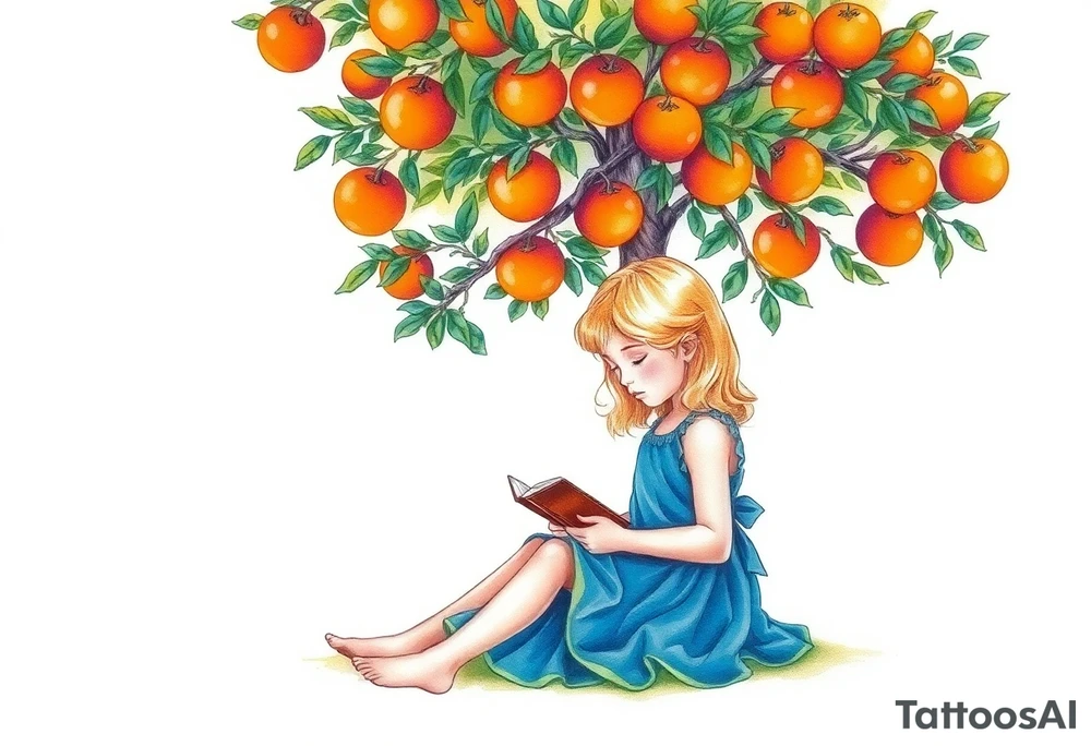 A blond little girl wearing a blue dress sitting under a orange tree while reading a book.


. tattoo idea