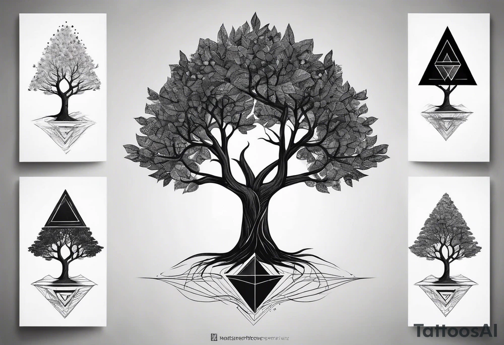 minimalistic Yggdrasil tree with 3 triangles set behind it tattoo idea