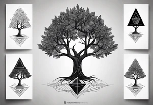 minimalistic Yggdrasil tree with 3 triangles set behind it tattoo idea