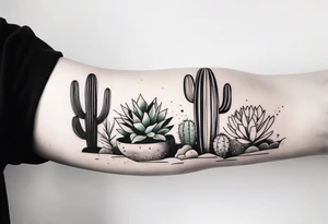 Forearm sleeve with cactus and greenery tattoo idea