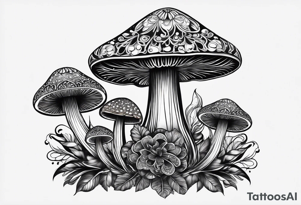 Large Shaggy cap mushroom dripping ink off cap with 4 smaller mushrooms around it mandala henna black tattoo design tattoo idea