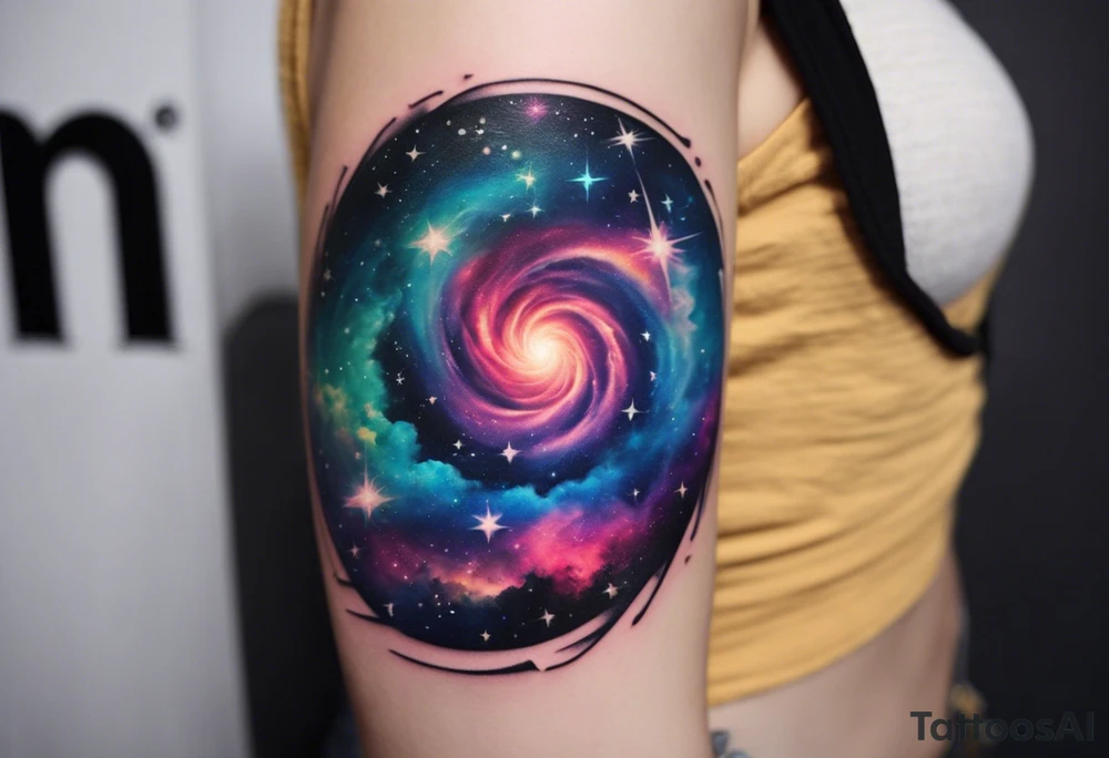 I want a spiral nebula space galaxy tattoo that's colorful and bright and cute and is nice to look at I don't want a traditional circle I want it like the ones thay look like an s shape and this tattoo will be on my left buttcheek and light colors I want more spread and less circle tattoo idea