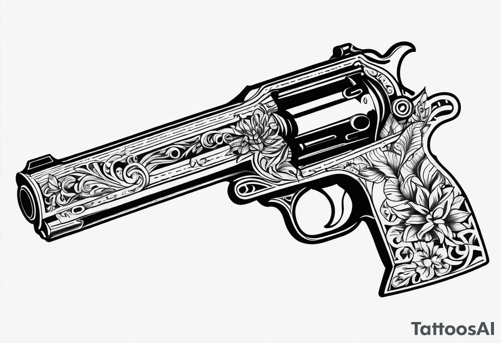 Western pistol with western filigree and floral or succulent accents for forearm sleeve tattoo idea