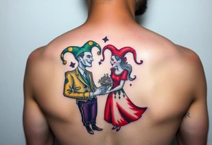 a toxic power jester couple holding each other tattoo idea