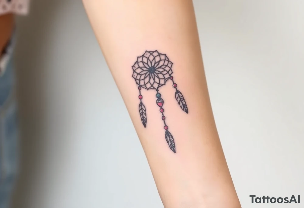 native dreamcatcher with flowing feathers and sacred beads tattoo idea