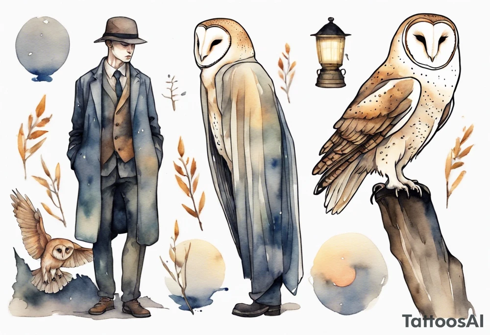 a thin man with the head of a barn owl walking at night tattoo idea