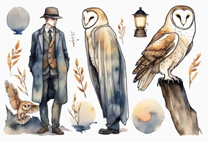 a thin man with the head of a barn owl walking at night tattoo idea