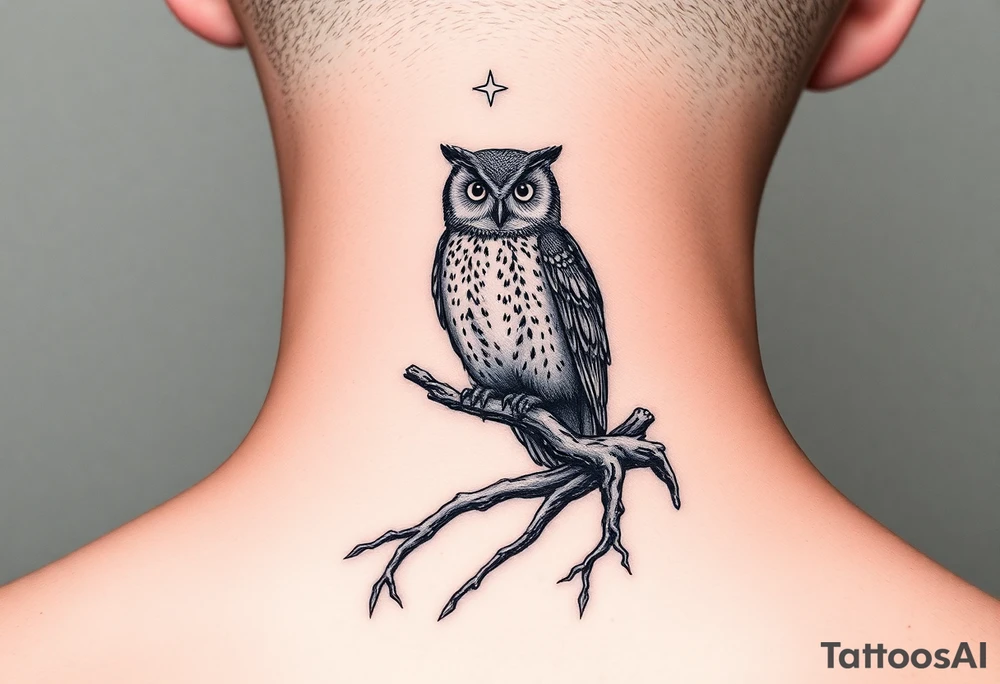 wise owl perched on ancient oak branch under starlit sky tattoo idea
