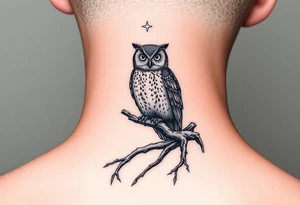 wise owl perched on ancient oak branch under starlit sky tattoo idea