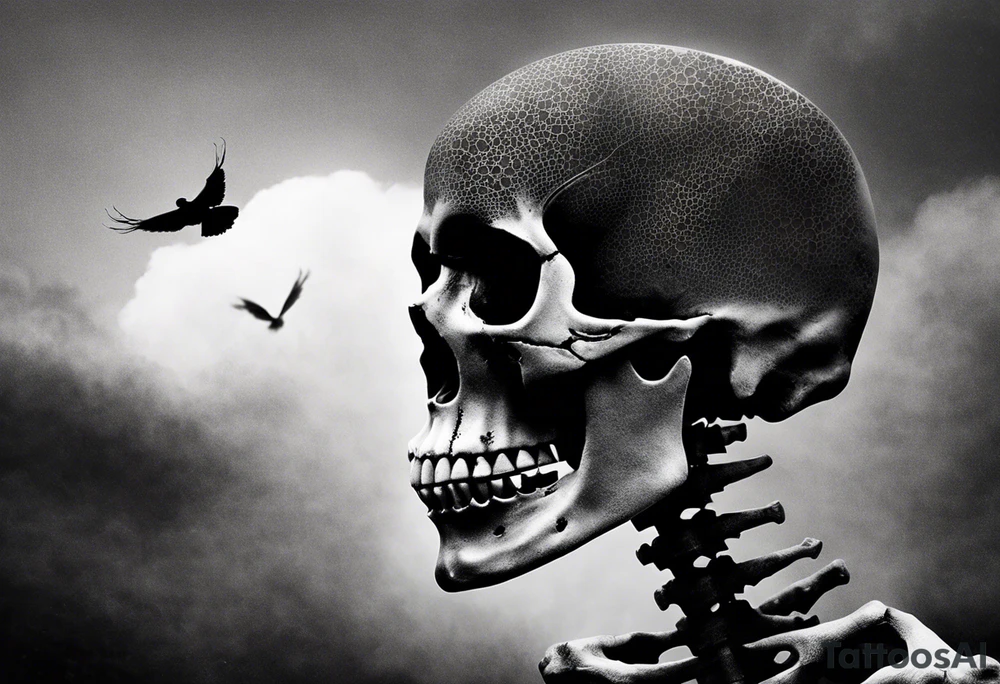 I wanted to keep the image simple, without too many ornate backgrounds. The focus was on the roughness of the hand-drawn, imperfect, disharmonious look. The photo was in black and white, with just a skull looking up at the sky. In the hazy fog, the skeleton is trying to give off a feeling of trypophobia tattoo idea