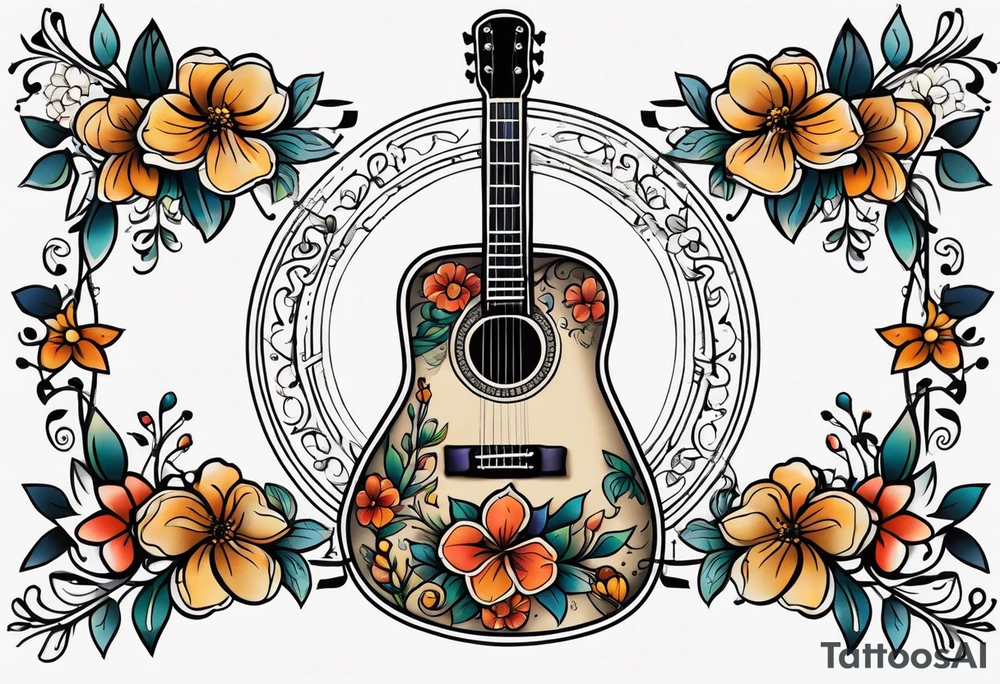 traditional vintage tattoo of guitar simple  flowers tattoo idea