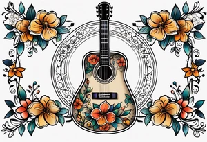 traditional vintage tattoo of guitar simple  flowers tattoo idea