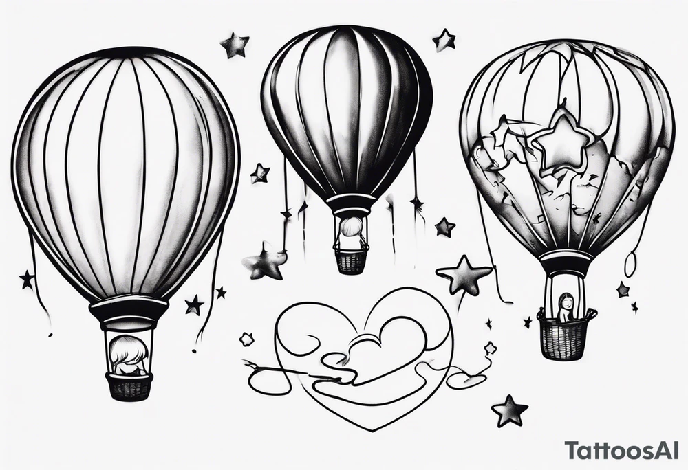 Hot water balloon with star and heart balloons and little girl inside the balloon dreaming tattoo idea