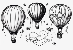 Hot water balloon with star and heart balloons and little girl inside the balloon dreaming tattoo idea