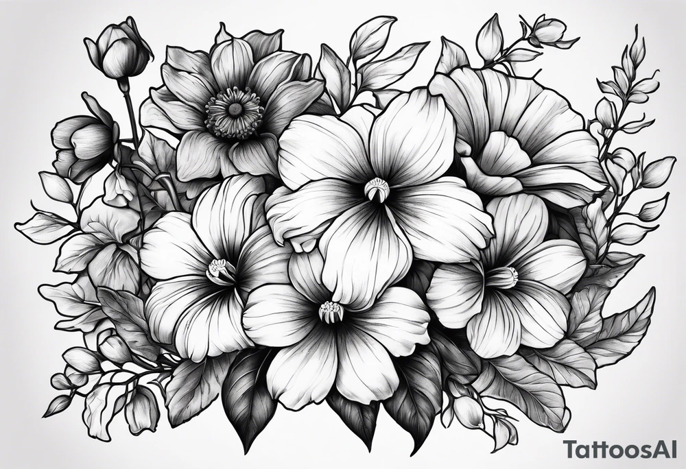 black and gray bunch of flowers with stems and leaves, three violets, one daffodil, five daisies, one rose, one morning glory, two marigolds, one chysanthemum tattoo idea