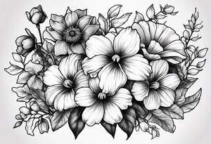 black and gray bunch of flowers with stems and leaves, three violets, one daffodil, five daisies, one rose, one morning glory, two marigolds, one chysanthemum tattoo idea