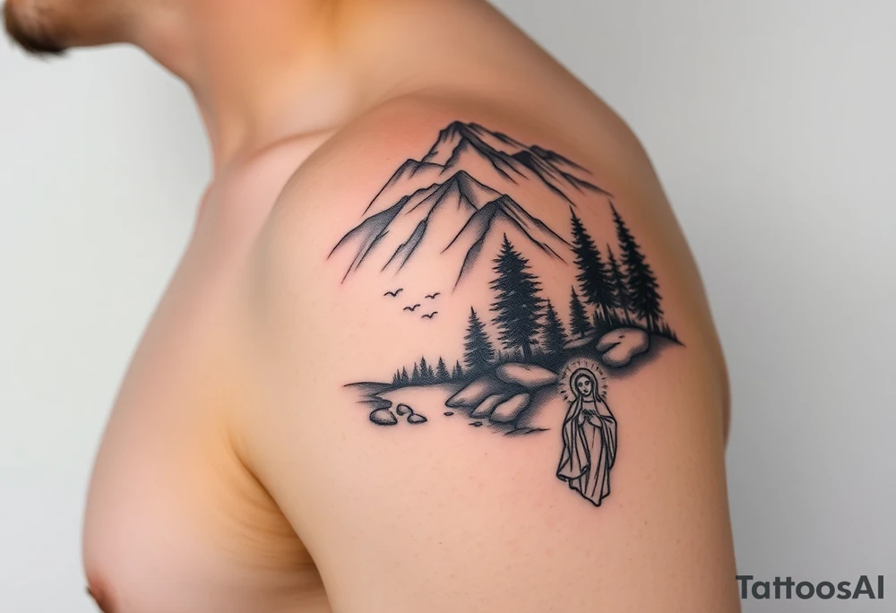 Mountainous valley with creek and a few trees with a Russian orthodox kazan scene covering my shoulder entering my upper arm with a Russian orthodox Virgin Mary tattoo idea