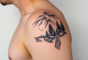 Mountainous valley with creek and a few trees with a Russian orthodox kazan scene covering my shoulder entering my upper arm with a Russian orthodox Virgin Mary tattoo idea